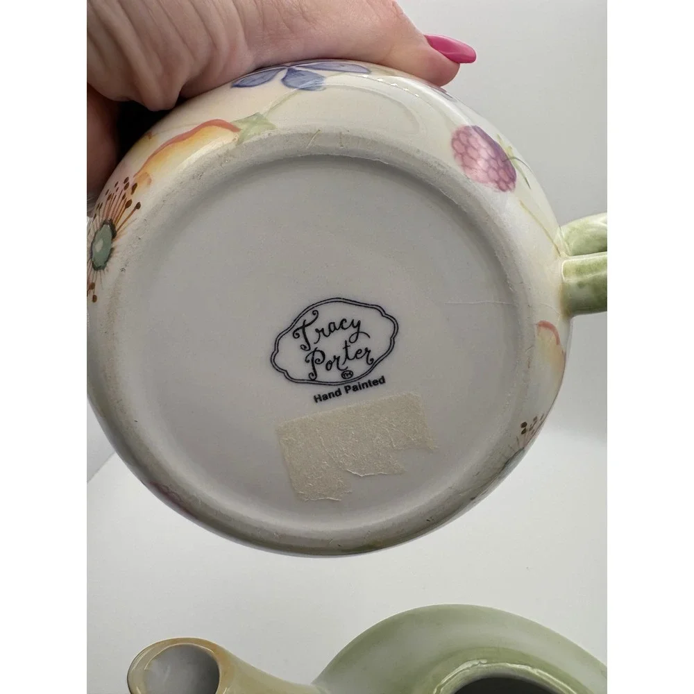 Tracy‎ Porter Hand Painted Ceramic Tea For One Set Stacking Teapot and Cup Green